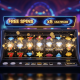 Vibrant online slot machine interface displaying a winning combination during a free spins bonus round, with a x5 multiplier and celebratory coin effects, set against a luxurious digital casino background.