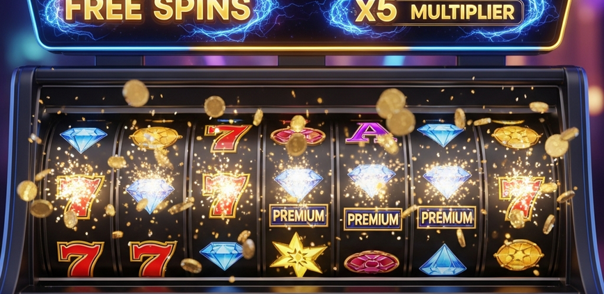 Vibrant online slot machine interface displaying a winning combination during a free spins bonus round, with a x5 multiplier and celebratory coin effects, set against a luxurious digital casino background.