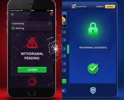 High-contrast split screen showing a glitchy, 'withdrawal pending' scam casino interface on one side and a clean, 'withdrawal successful' secure licensed casino interface with a green padlock icon on the other, symbolizing trust versus fraud.