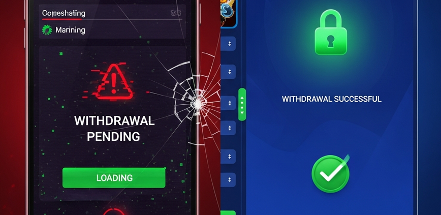 High-contrast split screen showing a glitchy, 'withdrawal pending' scam casino interface on one side and a clean, 'withdrawal successful' secure licensed casino interface with a green padlock icon on the other, symbolizing trust versus fraud.