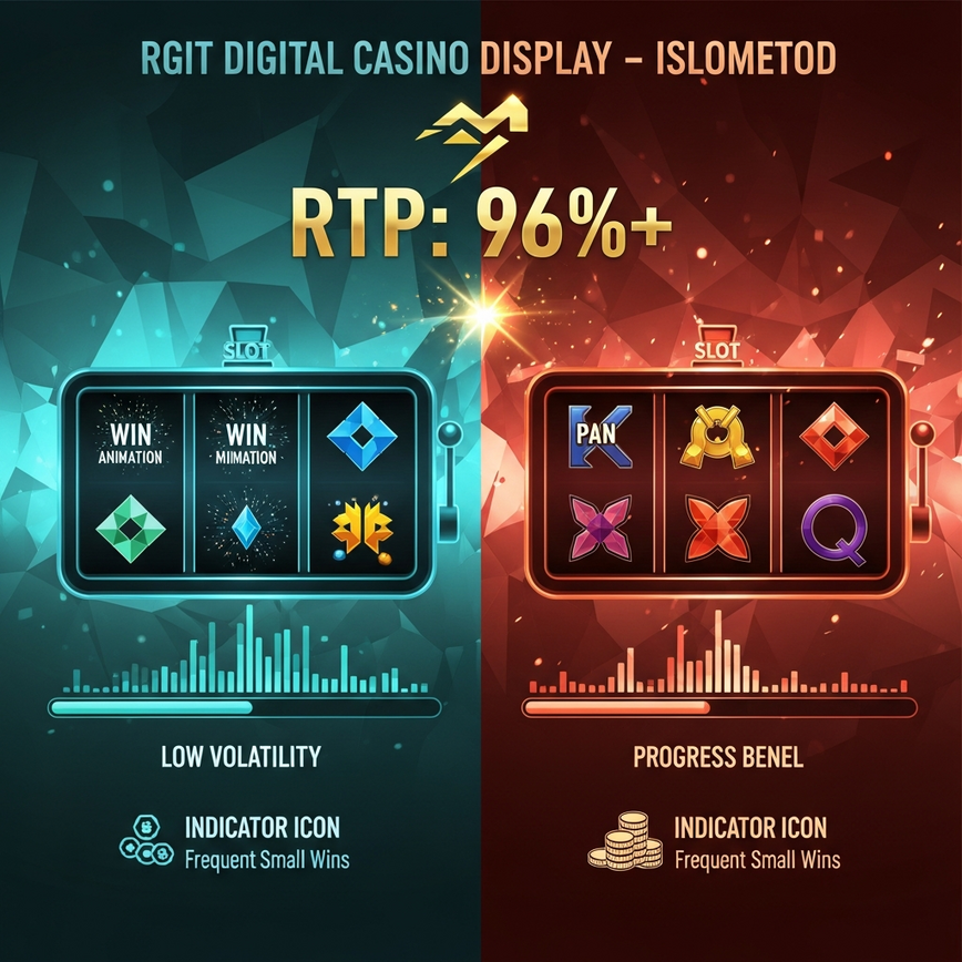 在一个老虎机游戏情境中，以易于理解的视觉方式说明 RTP (玩家返还率) 和波动性 (低、中、高) 的概念。