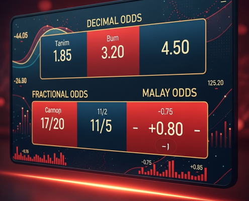 Sleek digital sports betting interface clearly displaying Decimal, Fractional, and Malay betting odds with abstract data visualizations, representing the core concepts of understanding odds.