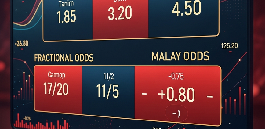 Sleek digital sports betting interface clearly displaying Decimal, Fractional, and Malay betting odds with abstract data visualizations, representing the core concepts of understanding odds.
