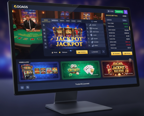 Sleek, modern online casino platform interface on a screen, showcasing diverse game categories like slots, live dealer, and sports betting, with security icons and a 'Trusted & Licensed' banner, representing the best online casino in Malaysia.