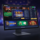 Sleek, modern online casino platform interface on a screen, showcasing diverse game categories like slots, live dealer, and sports betting, with security icons and a 'Trusted & Licensed' banner, representing the best online casino in Malaysia.