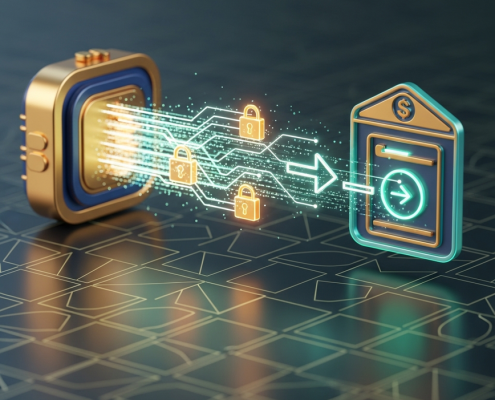 Digital graphic symbolizing a secure and fast online casino withdrawal, showing abstract data flow with padlock icons moving from a gaming platform to a digital bank account, set against a luxurious, high-tech background.