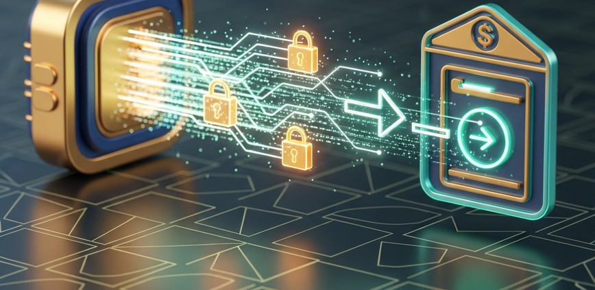 Digital graphic symbolizing a secure and fast online casino withdrawal, showing abstract data flow with padlock icons moving from a gaming platform to a digital bank account, set against a luxurious, high-tech background.