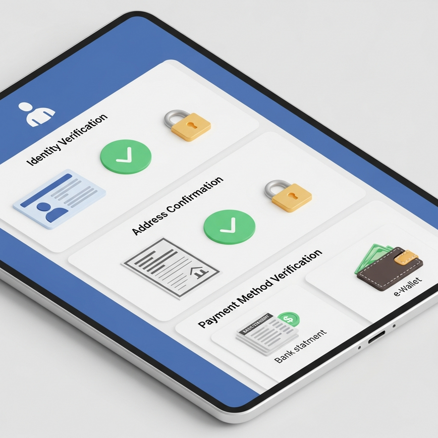 Illustrates the essential account verification (KYC) process for secure withdrawals, showing digital representations of identity, address, and payment method verification.