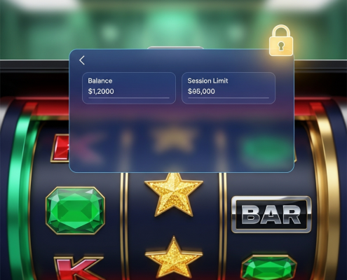 A modern mobile online slot game interface with spinning reels, overlaid with subtle financial budgeting graphics and a secure padlock icon, representing responsible gaming for Malaysian players.