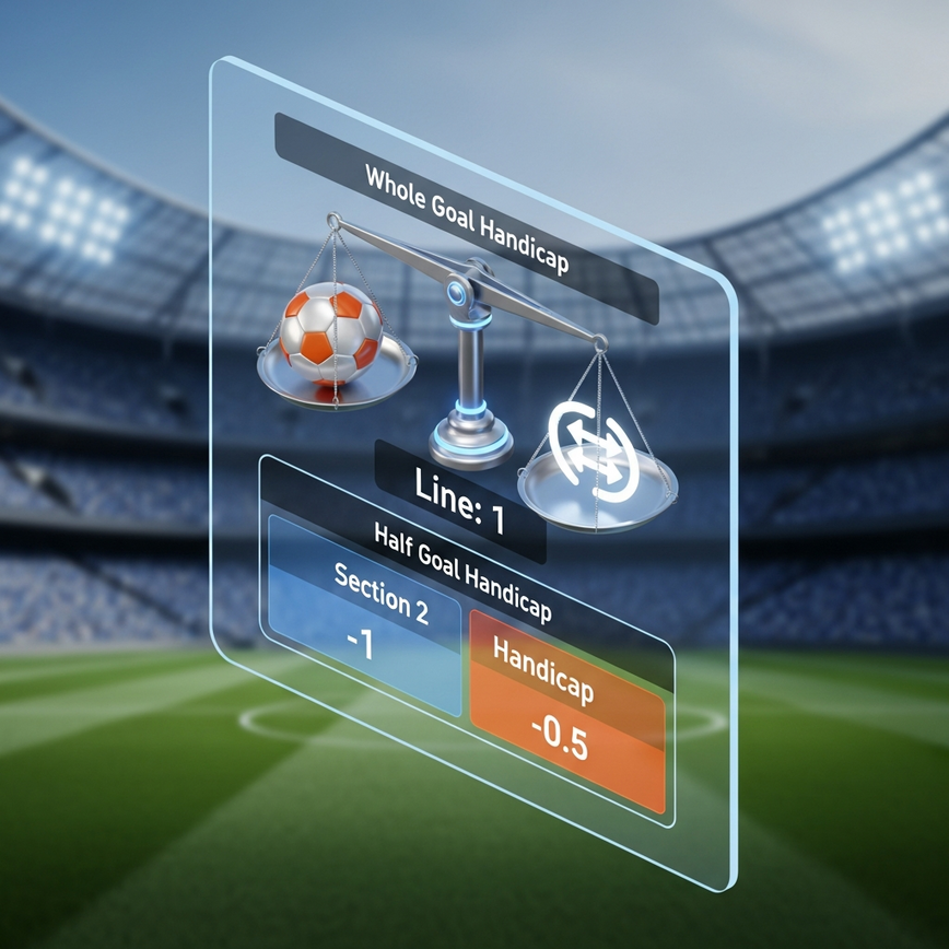 Illustrates the core mechanics of Asian Handicap lines, differentiating between whole, half, and quarter goal handicaps with clear visual cues.