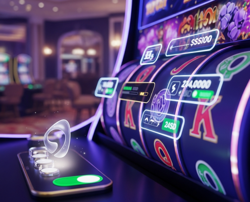 A modern online slot machine interface with blurred, moving reels and a glowing icon suggesting a strategic game switch, set against a luxurious online casino backdrop, symbolizing smart bankroll management.
