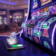 A modern online slot machine interface with blurred, moving reels and a glowing icon suggesting a strategic game switch, set against a luxurious online casino backdrop, symbolizing smart bankroll management.