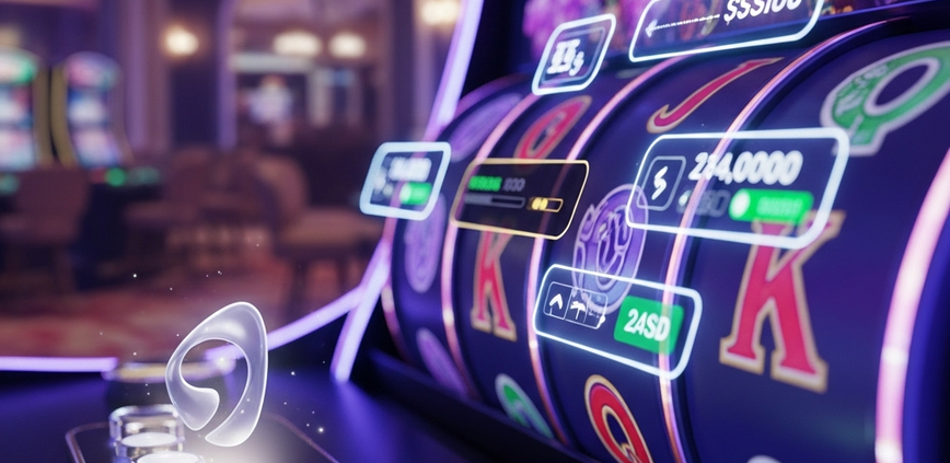 A modern online slot machine interface with blurred, moving reels and a glowing icon suggesting a strategic game switch, set against a luxurious online casino backdrop, symbolizing smart bankroll management.
