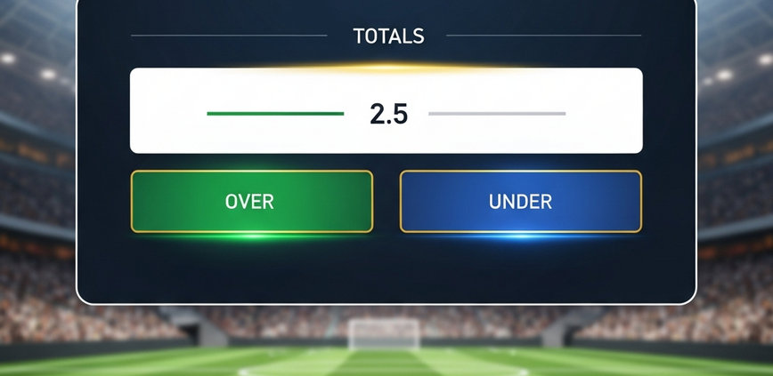 Dynamic online sports betting interface displaying 'Over' and 'Under' options with a numerical total line, representing totals betting for beginners in a modern, premium setting.