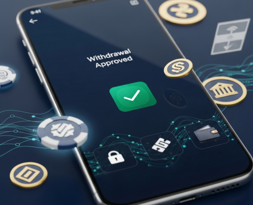 A modern smartphone displaying a 'Withdrawal Approved' screen on a secure online casino platform, with abstract digital financial symbols and generic bank icons in the background, representing safe and efficient money transfers.