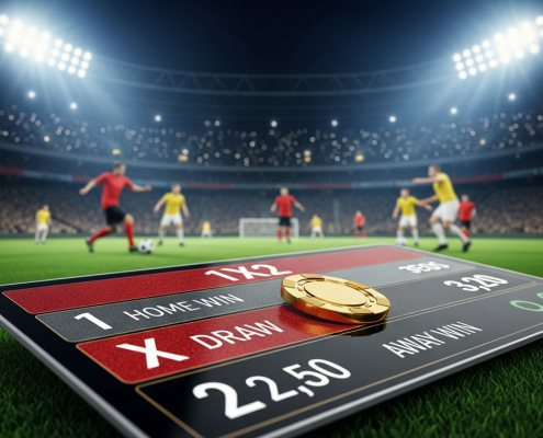 Dynamic online sports betting interface showing 1X2 (Win, Draw, Lose) football match odds, overlaid on a blurred, floodlit stadium background, evoking the excitement of online football wagering.