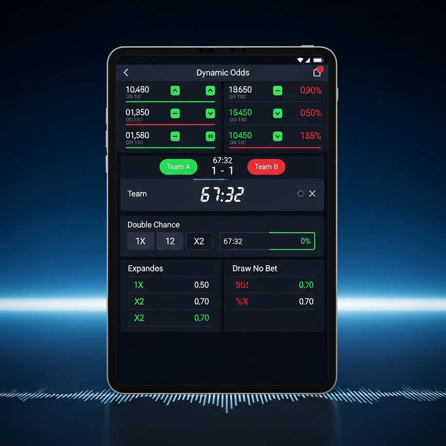 Visualizes advanced 1X2 market variations like Double Chance and Draw No Bet, or the dynamic nature of live betting odds, on a sleek digital interface.