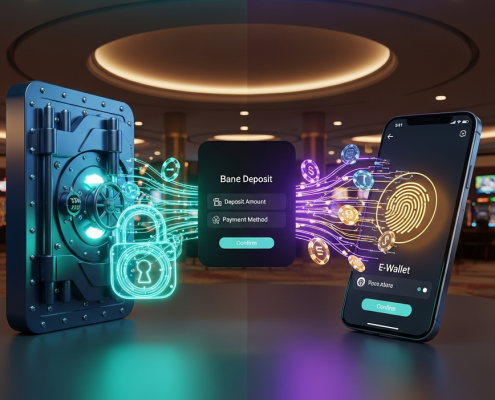 Visual comparison of secure bank transfer and fast e-wallet options for online casino deposits, featuring abstract financial icons and a secure digital interface.