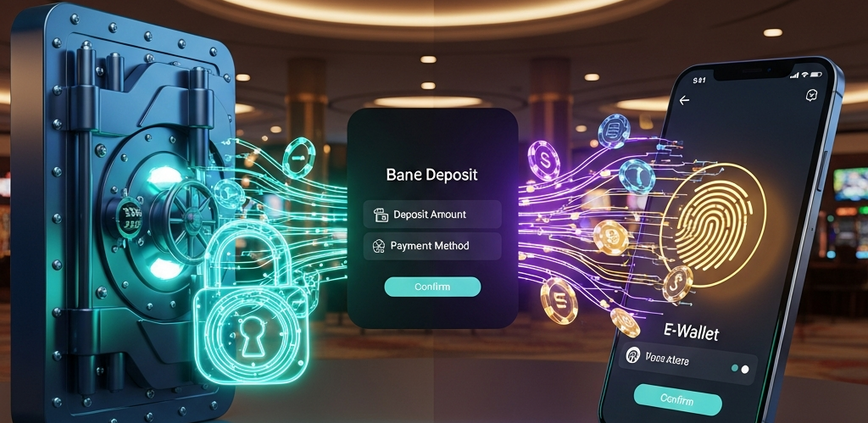 Visual comparison of secure bank transfer and fast e-wallet options for online casino deposits, featuring abstract financial icons and a secure digital interface.