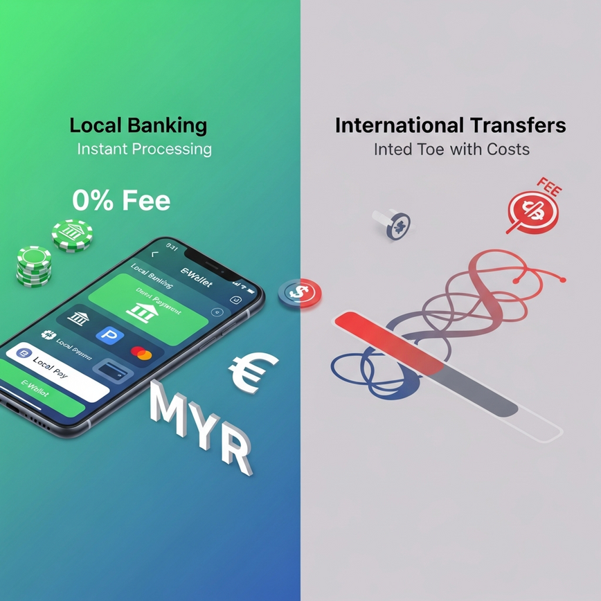 Illustrates the cost-effectiveness and efficiency of local Malaysian deposit and withdrawal methods compared to more expensive international options.