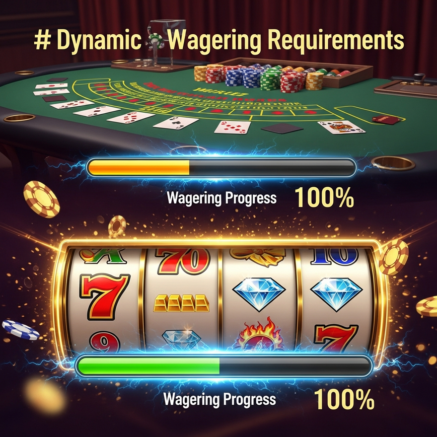 Visualizes the concept of bonus wagering requirements, showing how different game types contribute to clearing them, with slots being more efficient.
