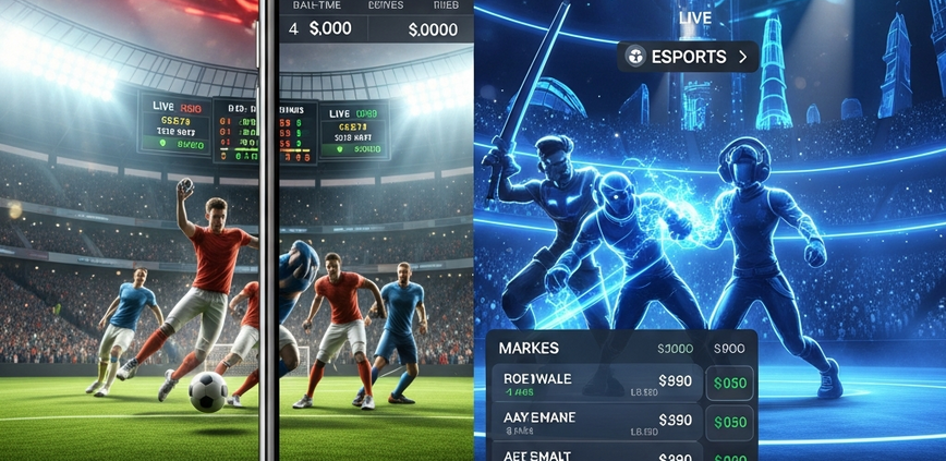 A premium mobile sportsbook interface showing live football betting on one side and dynamic esports betting on the other, set against a vibrant digital background, representing Malaysia's top sportsbooks.