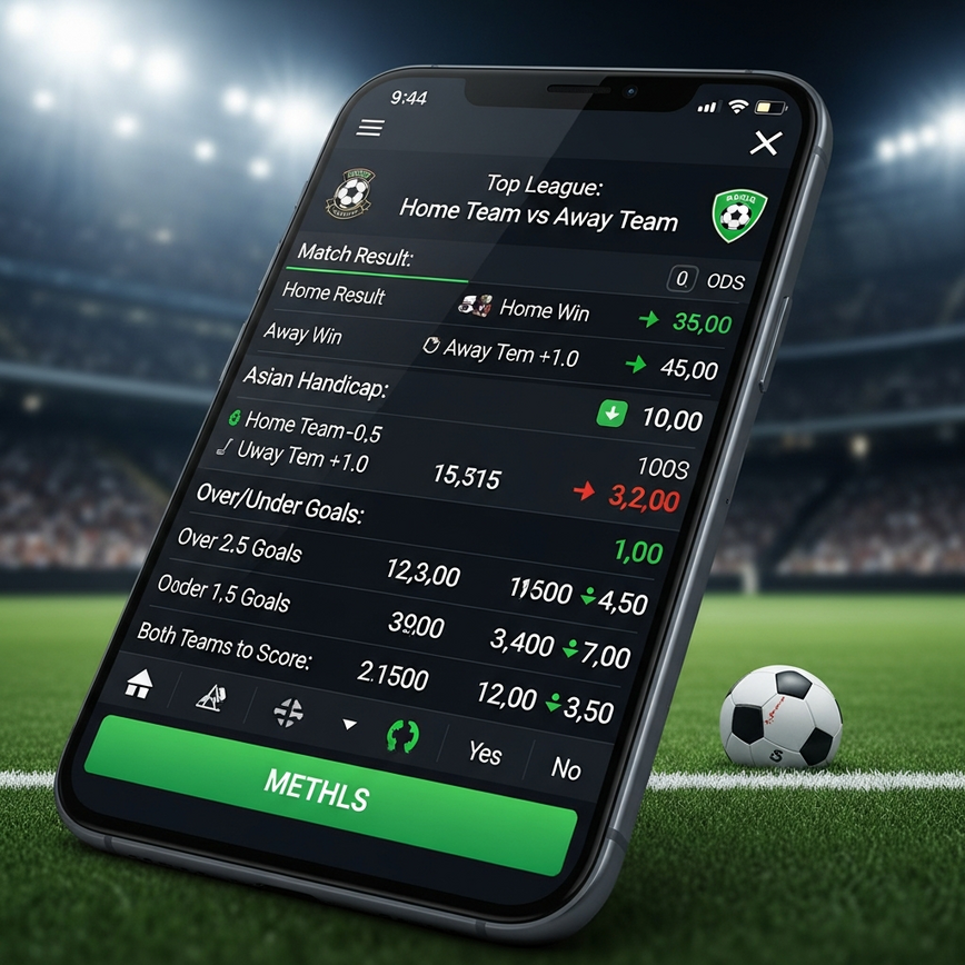 展示了一家卓越的马来西亚体育博彩平台上广泛的足球博彩盘口，重点突出赛前和滚球选项。