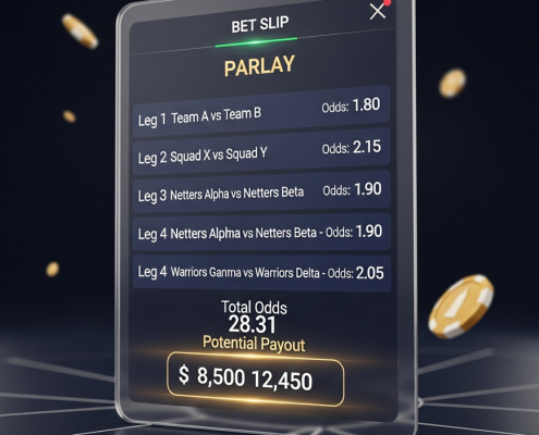 Digital sports betting interface showing a parlay bet slip with multiple selected events, combined odds, and a high potential payout, set against a blurred stadium background.
