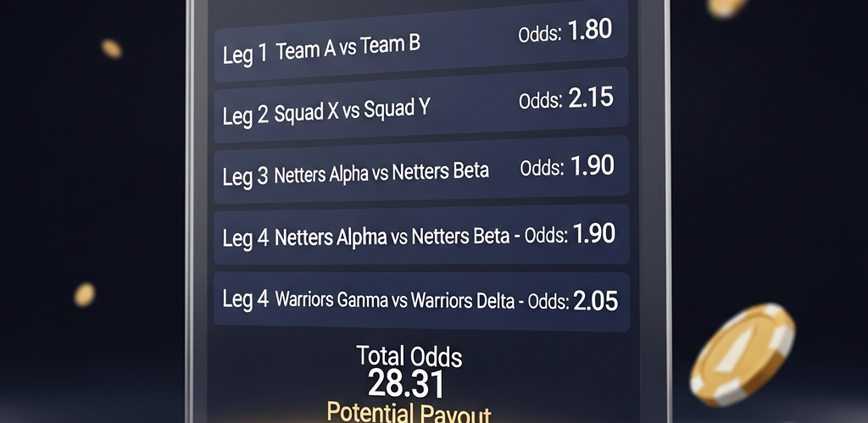 Digital sports betting interface showing a parlay bet slip with multiple selected events, combined odds, and a high potential payout, set against a blurred stadium background.