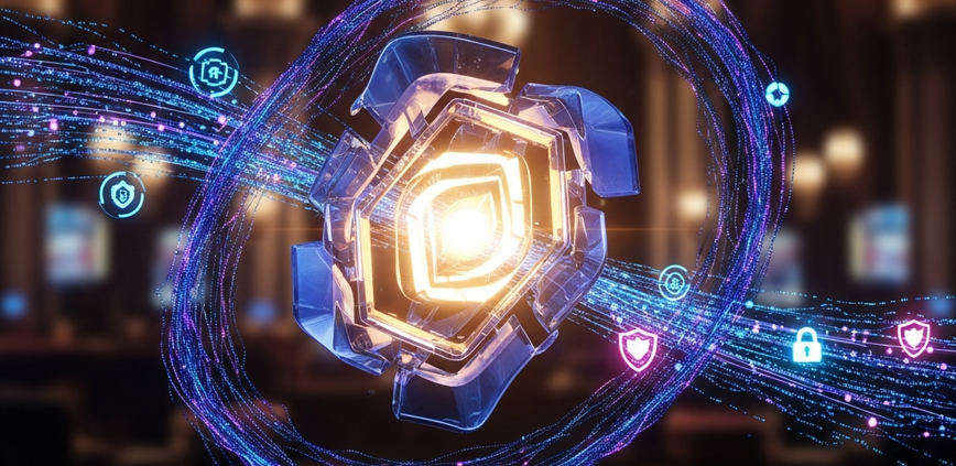 A secure digital gateway or vault interface, symbolizing online casino withdrawal limits and financial security with glowing data streams and a luxurious background.