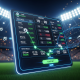 Sleek, futuristic online live sports betting interface displaying rapidly changing odds for a football match, with dynamic score updates and glowing UI elements, symbolizing real-time in-play wagering.