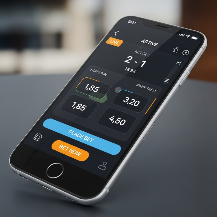 Highlights the convenience and speed of mobile live betting, showing a smartphone displaying an in-play betting interface in an active, on-the-go context.