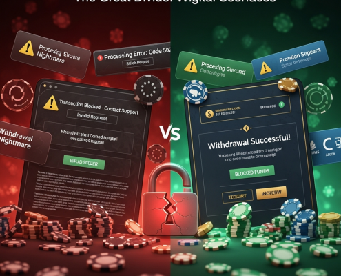 Digital art showing a split screen: one side depicts a frustrating, blocked online casino withdrawal interface with error messages, while the other shows a successful, fast withdrawal with a green checkmark, illustrating the difference between scam and legitimate platforms.
