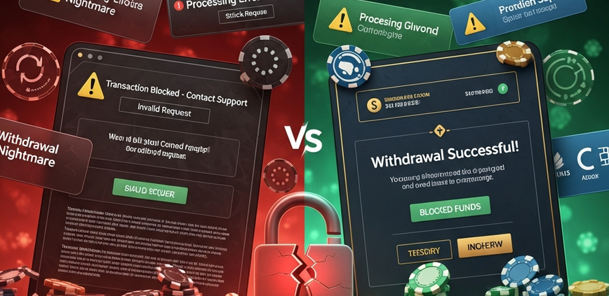 Digital art showing a split screen: one side depicts a frustrating, blocked online casino withdrawal interface with error messages, while the other shows a successful, fast withdrawal with a green checkmark, illustrating the difference between scam and legitimate platforms.
