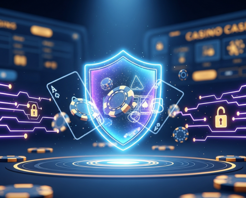 Digital shield icon protecting abstract online casino elements, symbolizing secure banking information on a premium online gaming platform with a futuristic, high-tech aesthetic.