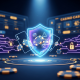 Digital shield icon protecting abstract online casino elements, symbolizing secure banking information on a premium online gaming platform with a futuristic, high-tech aesthetic.