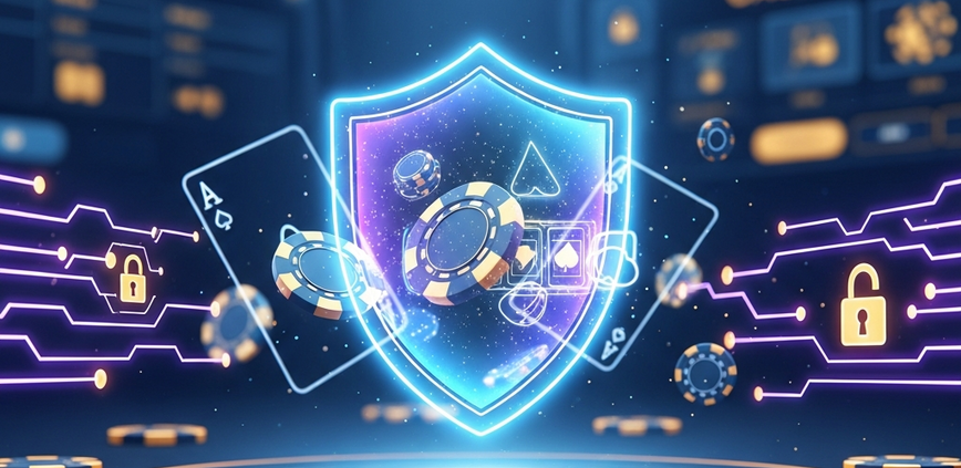 Digital shield icon protecting abstract online casino elements, symbolizing secure banking information on a premium online gaming platform with a futuristic, high-tech aesthetic.