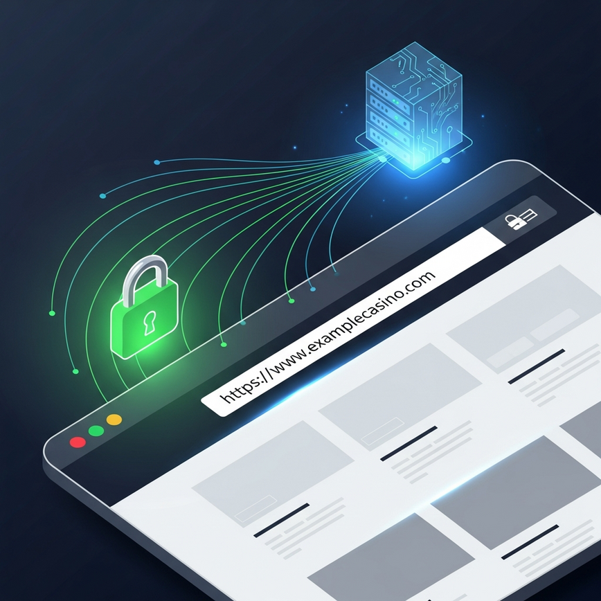 Illustrates how players can identify SSL-protected online casinos by looking for the HTTPS prefix and padlock icon in the browser, representing the secure connection.