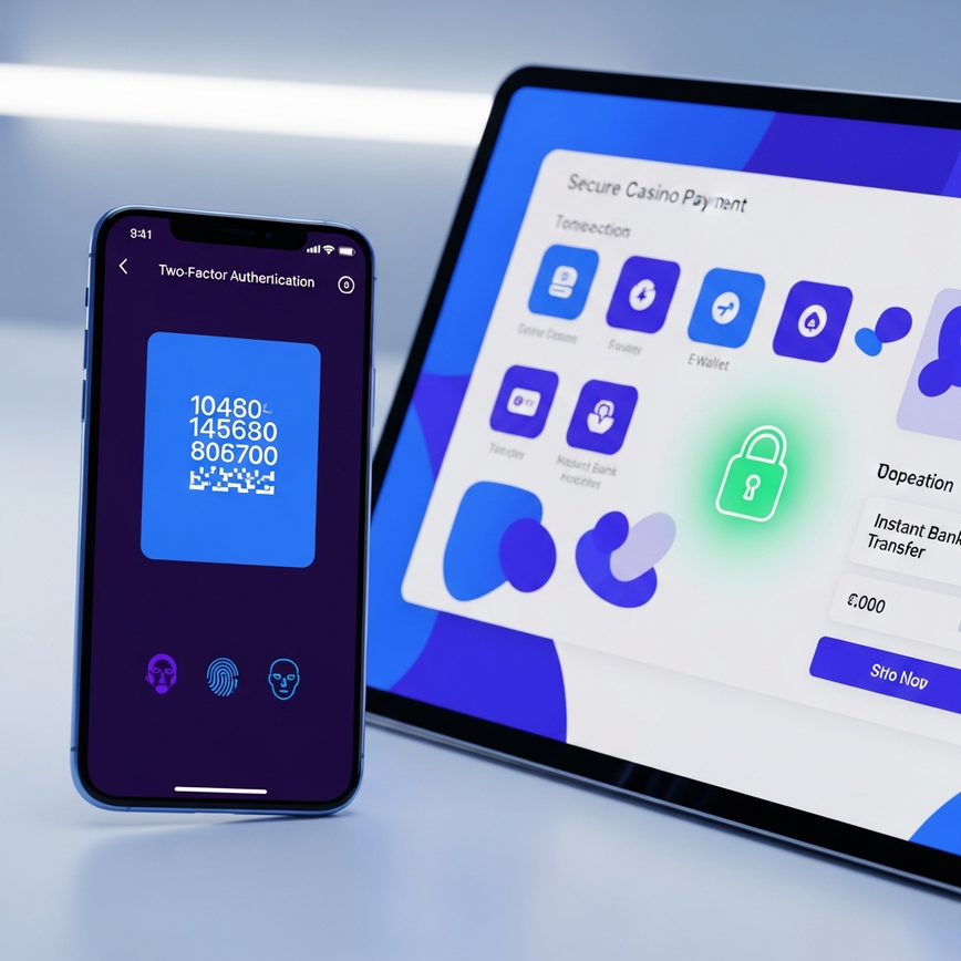 描绘了为线上赌场账户实施双重身份验证（2FA）和安全支付方式的过程，并强调了移动设备的安全性。