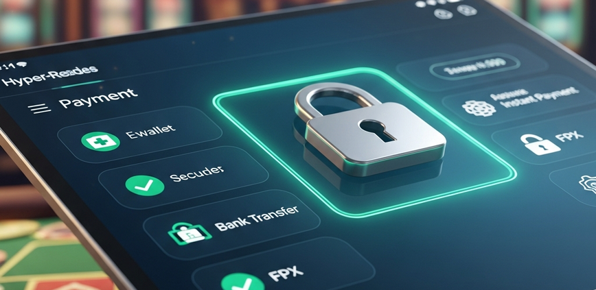 Sleek digital interface showing secure payment options like e-wallets and bank transfers for online casino players in Malaysia, with a prominent padlock icon.