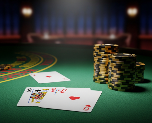 Close-up of a premium online blackjack table showing a player's strong hand and the dealer's weak upcard, with casino chips on vibrant green felt, representing strategic gameplay.