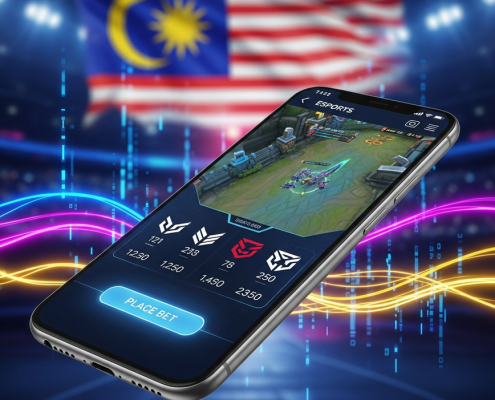 Dynamic smartphone displaying a live esports betting interface with game stream and odds, set against a futuristic digital arena with subtle Malaysian-inspired neon lights, representing online esports betting in Malaysia.