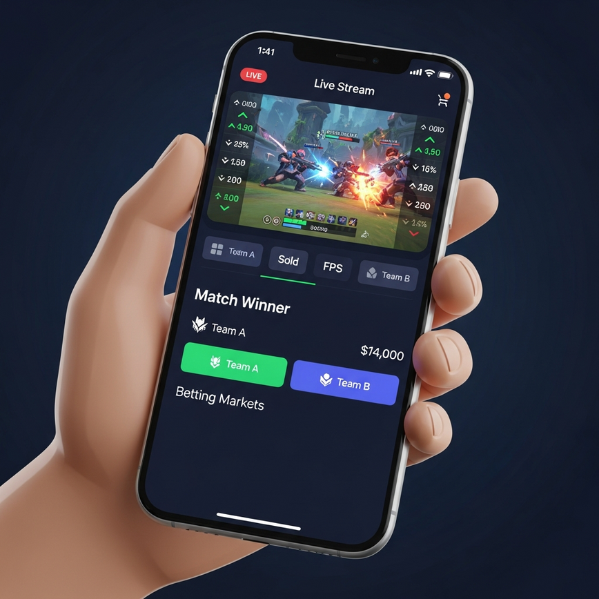 Illustrates the mobile-first nature of esports betting, showcasing a user-friendly app interface with live streaming and real-time updates.