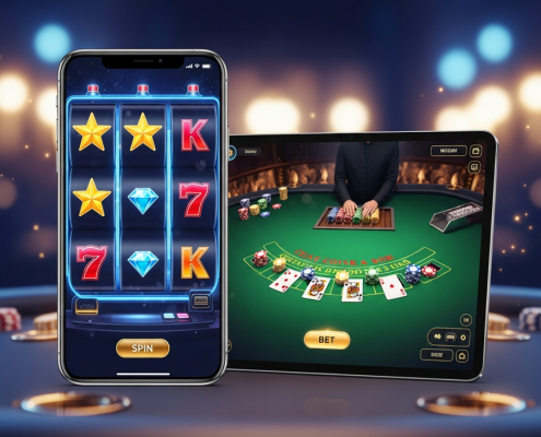 Side-by-side view of a sleek smartphone (Android) and a modern tablet (iOS) displaying vibrant online casino game interfaces, symbolizing the comparison of mobile gaming platforms in Malaysia.