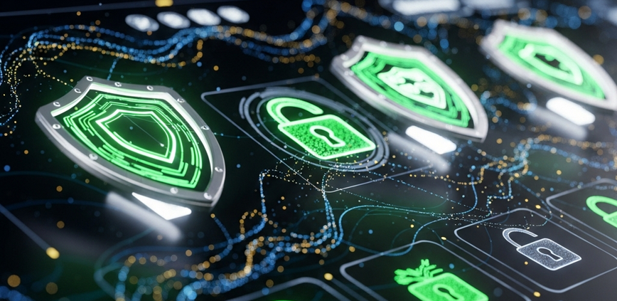 A futuristic online casino interface with glowing security shields and digital padlock icons, symbolizing robust data protection and trust in a licensed gaming platform.