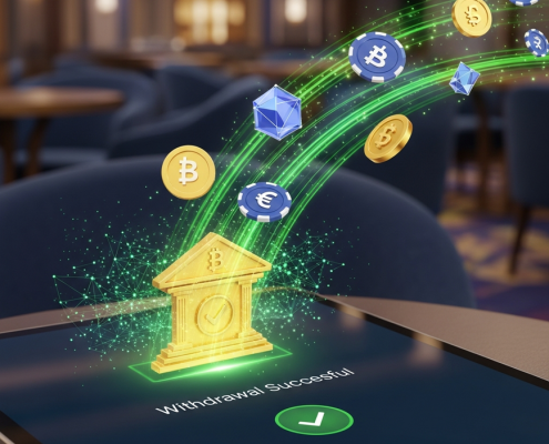 Sleek online casino interface on a tablet showing a 'Withdrawal Successful' notification, with digital currency flowing rapidly into a bank icon, symbolizing fast and secure payouts.