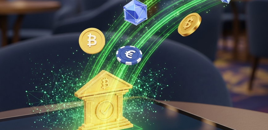 Sleek online casino interface on a tablet showing a 'Withdrawal Successful' notification, with digital currency flowing rapidly into a bank icon, symbolizing fast and secure payouts.