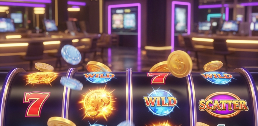 Vibrant, high-tech online slot machine interface with spinning reels showing winning symbols and glowing effects, set against a luxurious digital casino lobby background, representing online slots in Malaysia.