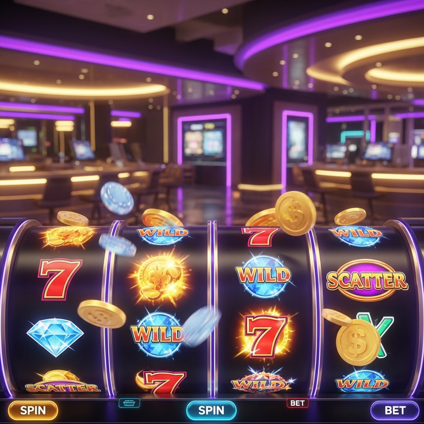 Vibrant, high-tech online slot machine interface with spinning reels showing winning symbols and glowing effects, set against a luxurious digital casino lobby background, representing online slots in Malaysia.