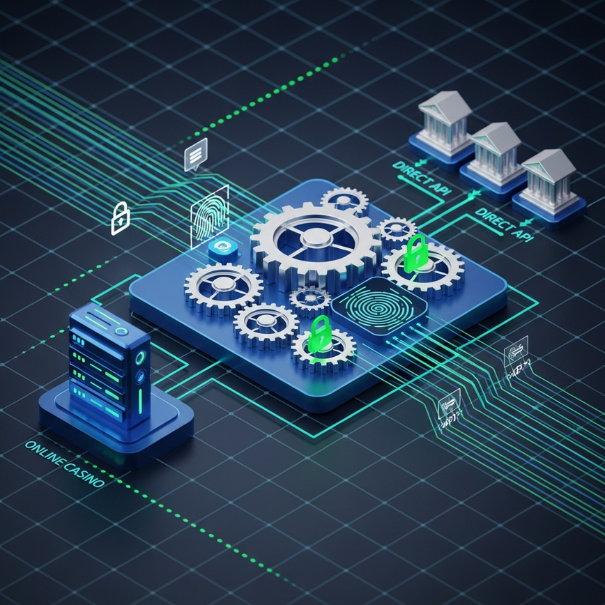 展示了实现快速提款的技术基础设施和直接银行合作关系，重点是API集成和自动化处理。